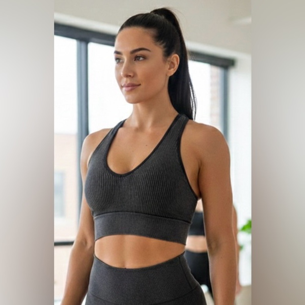 JoyLab Ribbed Washed Black/Charcoal Gray Seamless V-Neck Tank Top Size XS/S